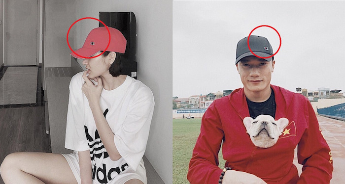 Bảo Anh và Bùi Tiến Dũng sử dụng hai chiếc mũ giống nhau nhưng khác màu.