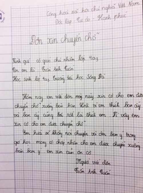 Đơn xin chuyển chỗ gần 'người yêu' của học sinh lớp 4