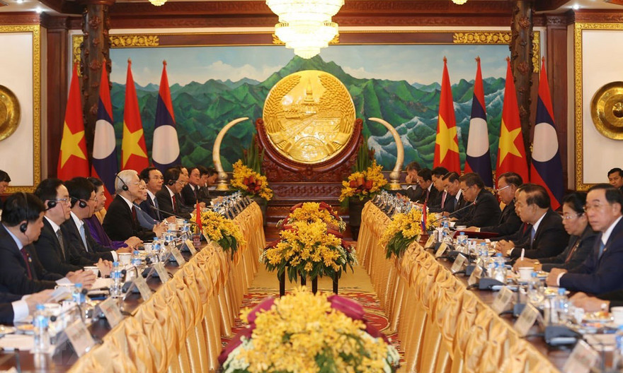 Tổng Bí thư, Chủ tịch nước Nguyễn Phú Trọng hội đàm với Tổng Bí thư, Chủ tịch nước Lào Bounnhang Vorachith. (Ảnh: Trí Dũng/TTXVN)