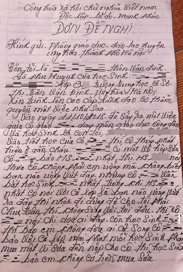 Đơn đề nghị làm rõ vụ việc của phụ huynh. Ảnh: NVCC. 