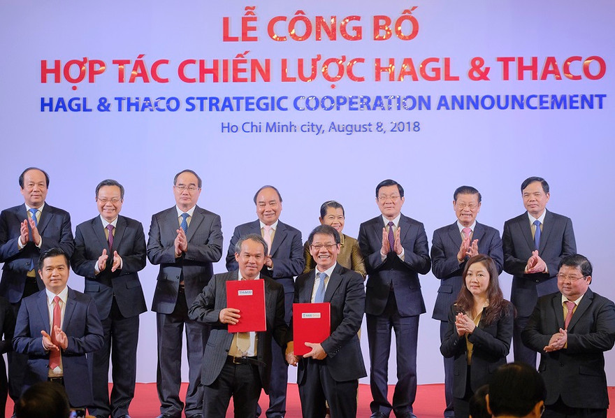 Lễ công bố hợp tác chiến lược của Công ty Cổ phần Hoàng Anh Gia Lai (HAGL) và Công ty Cổ phần Ô tô Trường Hải (Thaco). Ảnh: VGP/Quang Hiếu