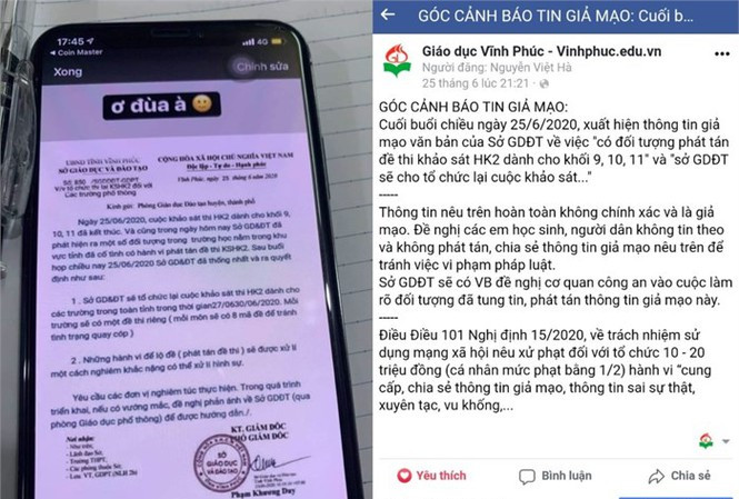 Sở GD&ĐT ngay sau đó đã có thông báo về việc giả mạo văn bản cho học sinh được biết.