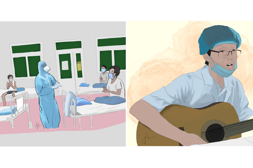 Hình ảnh bác sĩ Bệnh viện C Đà Nẵng: bác sĩ Đương (ảnh trái) hát động viên bệnh giữa phòng bệnh và bác sĩ Nguyễn Quý Thiện đàn hát trong giờ giải lao giữa tâm dịch gây xúc động được Minh Anh khắc họa