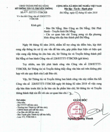 Công văn thu hồi văn bản và xin lỗi các cơ quan báo chí của Sở TT&TT Đà Nẵng