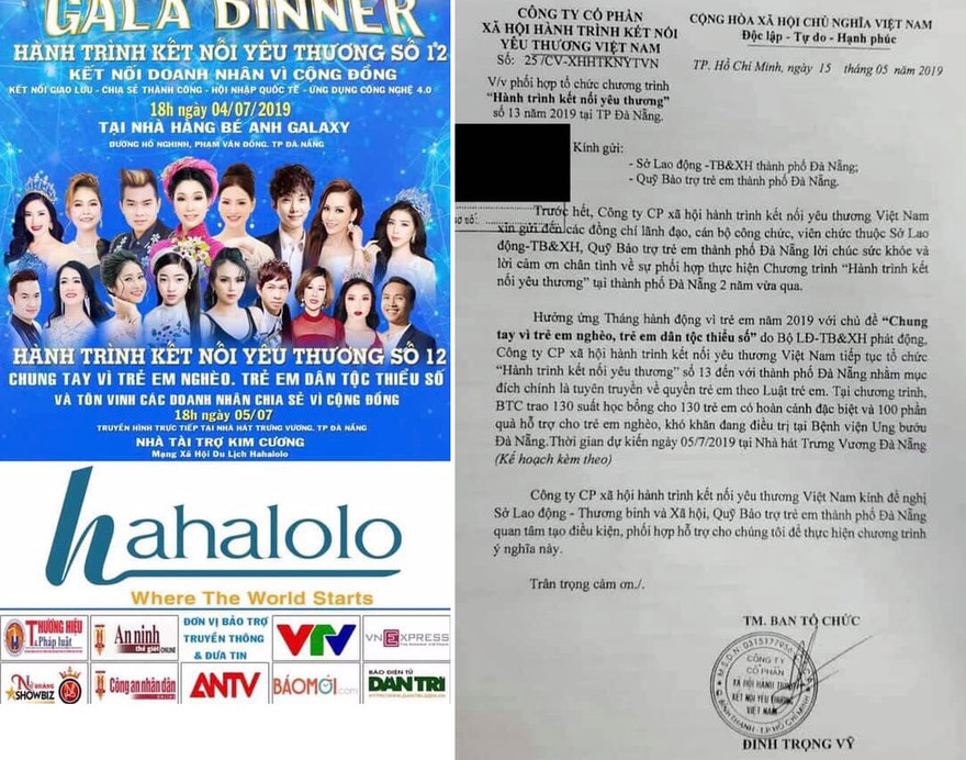 Hình ảnh băng rôn quảng cáo in tên các cơ quan báo chí và thư gửi sở LĐTB&XH TP, Quỹ bảo trợ trẻ em phối hợp tổ chức chương trình tại Đà Nẵng. 