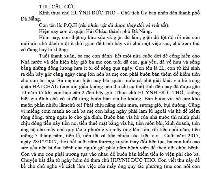 Thư cầu cứu, phản ánh cán bộ đội quy tắc đô thị vòi vĩnh, có thái độ không tốt của công dân gửi Chủ tịch UBND Đà Nẵng. 