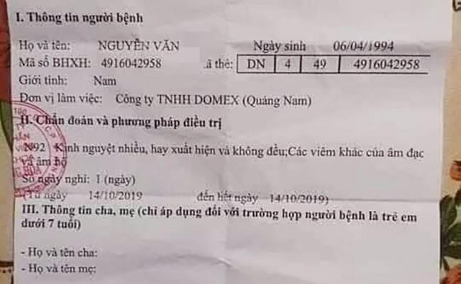Giấy chứng nhận nghỉ việc hưởng bảo hiểm xã hội của anh V. với chẩn đoán bệnh của nữ giới. 