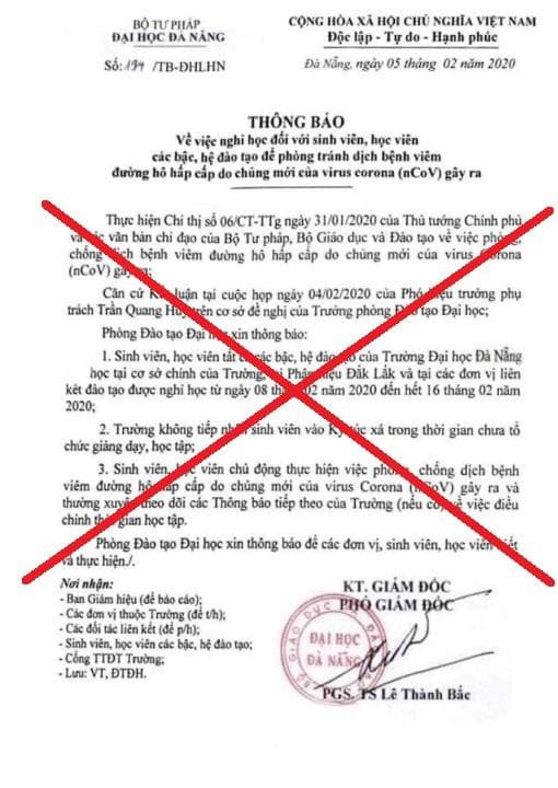 Văn bản giả mạo thông báo sinh viên nghỉ học đến ngày 16/2. 