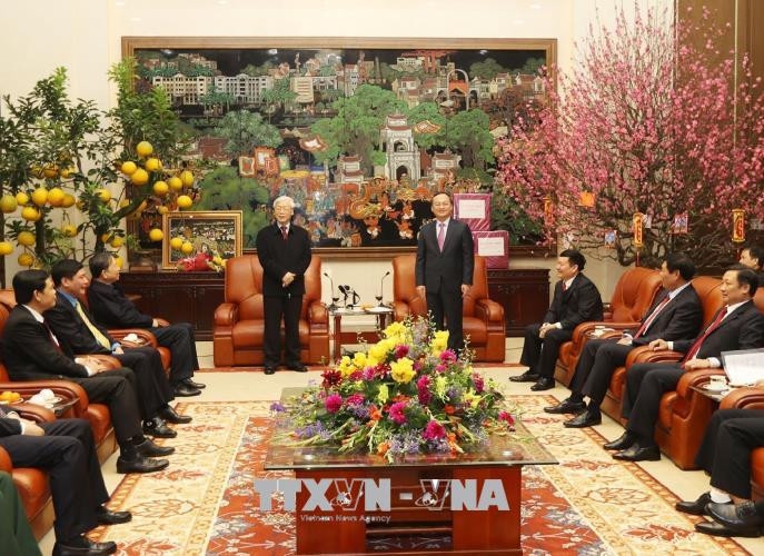 Tổng Bí thư Nguyễn Phú Trọng chúc Tết Đảng bộ, chính quyền, nhân dân tỉnh Hưng Yên. Ảnh: Trí Dũng/TTXVN.