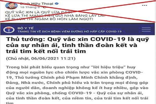 Bài viết đăng tải thông tin sai sự thật (phần gạch chéo) trên facebook Đinh Hữu Thoại. Ảnh Sở TT&TT cung cấp.