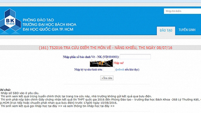 ĐH Bách khoa TP. HCM công bố điểm thi năng khiếu