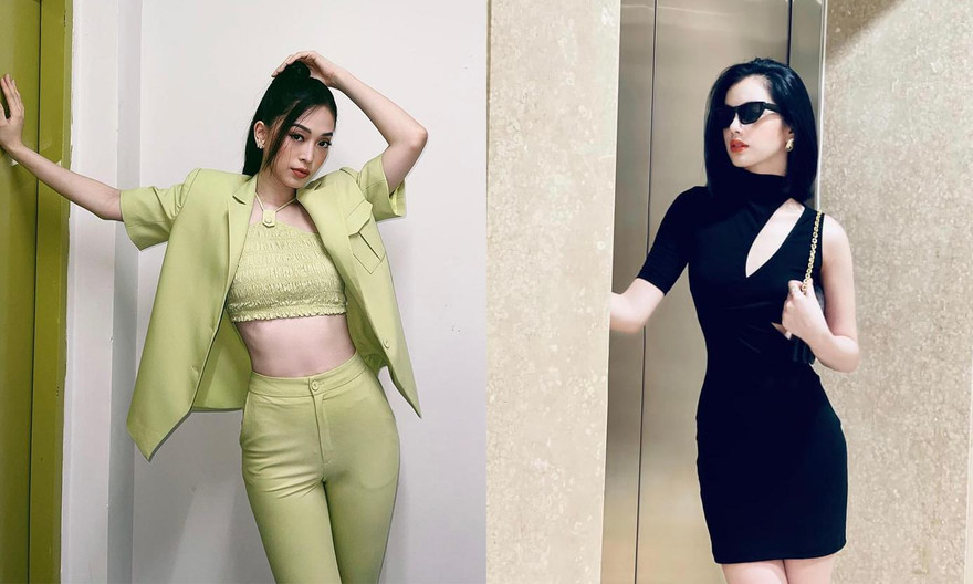 Phương Nga diện crop-top khoe eo thon, Cẩm Đan mặc váy xẻ tạo dáng ở thang máy
