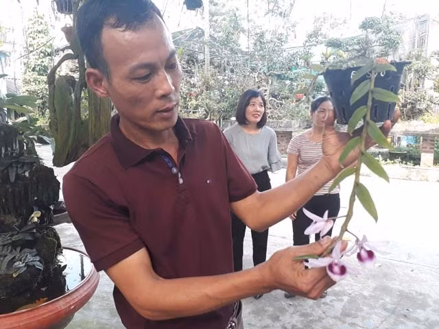 Anh Tuất đang giới thiệu lan cho khách đến mua và tham quan tại vườn 