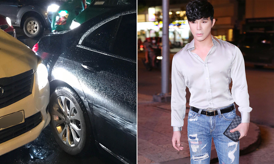 Nathan Lee mặt buồn thiu khi xế hộp gặp tai nạn.