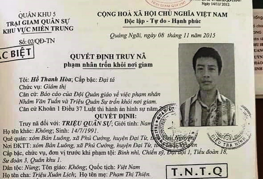 Quyết định truy nã đối tượng đặc biệt nguy hiểm Triệu Quân Sự.