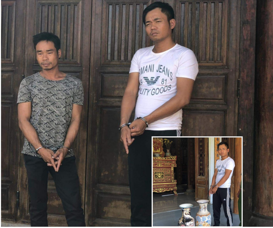 Hai kẻ chuyên trộm cổ vật Tửu và Chí,cùng tang vật (ảnh nhỏ).