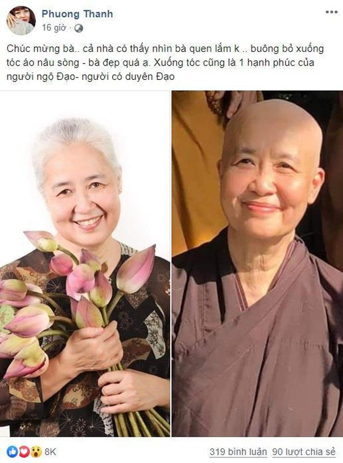Bài đăng của ca sĩ Phương Thanh về việc đầu bếp Nguyễn Dzoãn Cẩm Vân xuất gia thu hút sự quan tâm từ cộng đồng mạng. Ảnh chụp màn hình.