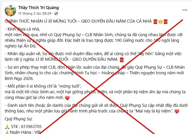 Cảnh báo lừa đảo mạo danh Hòa thượng Thích Trí Quảng kêu gọi quyên góp trực tuyến