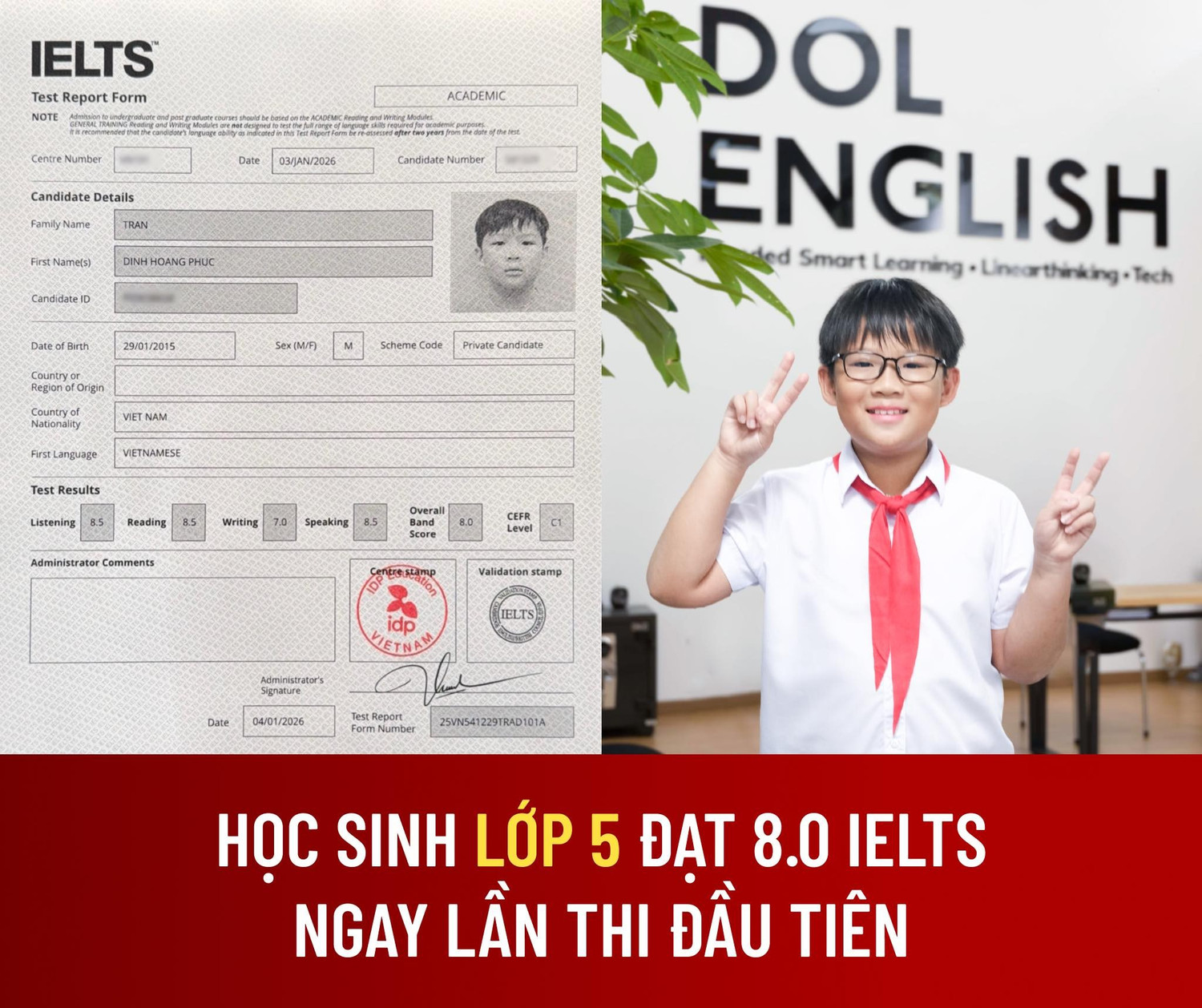 B&eacute; Trần Đ&igrave;nh Ho&agrave;ng Ph&uacute;c (10 tuổi) đạt IELTS 8.0 nhờ phương ph&aacute;p Linearthinking