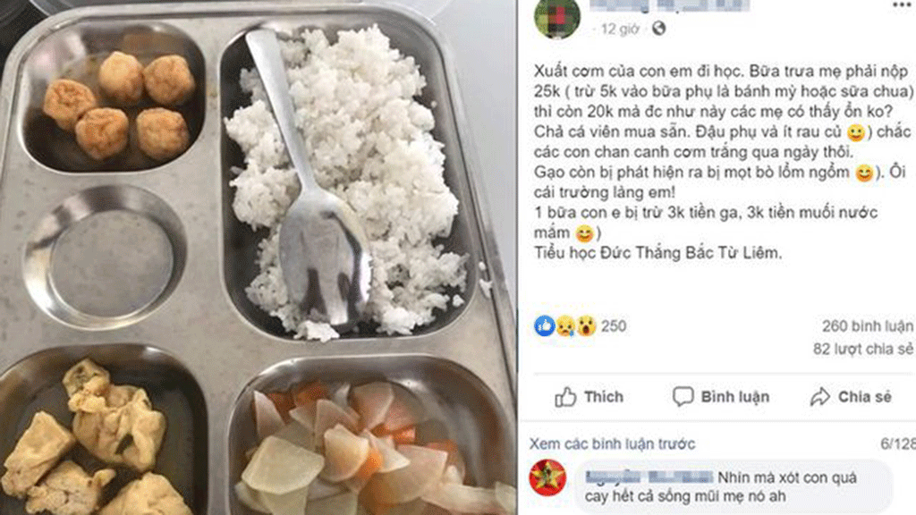 Hình ảnh suất ăn bán trú lèo tèo dành cho học sinh Trường tiểu học Đức Thắng (Hà Nội) được phụ huynh đăng tải trên mạng xã hội