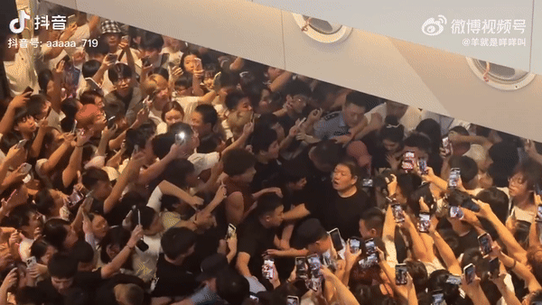 Chương Nhược Nam (búi tóc mặc áo đen) khó khăn di chuyển bởi có quá nhiều fan nam nhiệt tình.