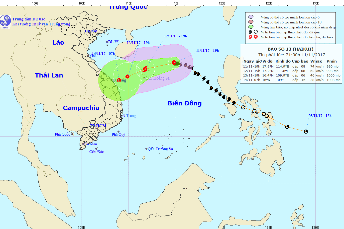 Vị trí và hướng di chuyển của cơn bão số 13. Ảnh: NCHMF.