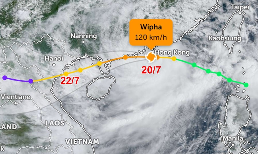 Vị trí hiện tại và đường đi dự báo của bão số 3 Wipha, theo bản tin sáng 20/7 của JTWC. Ảnh: Zoom Earth, JMA/ NOAA/ CIRA, JTWC. jtwc-jul20-am.jpg