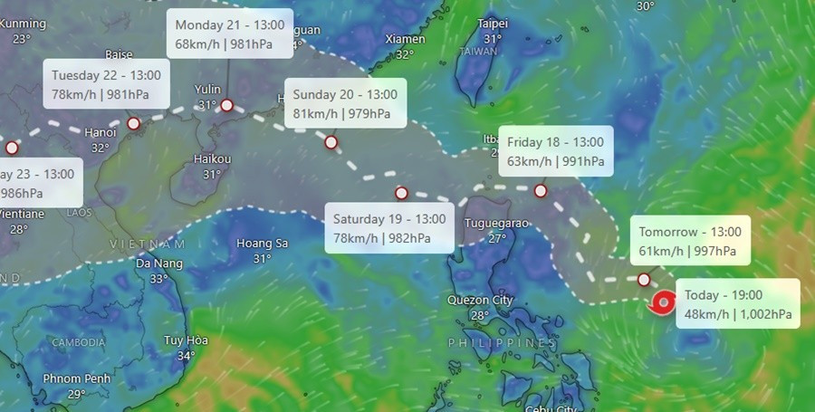 Dự báo của ECMWF về đường đi của ATNĐ Crising (dự báo sẽ thành bão Wipha). Ảnh: Windy, ECMWF. ecmwf.jpg