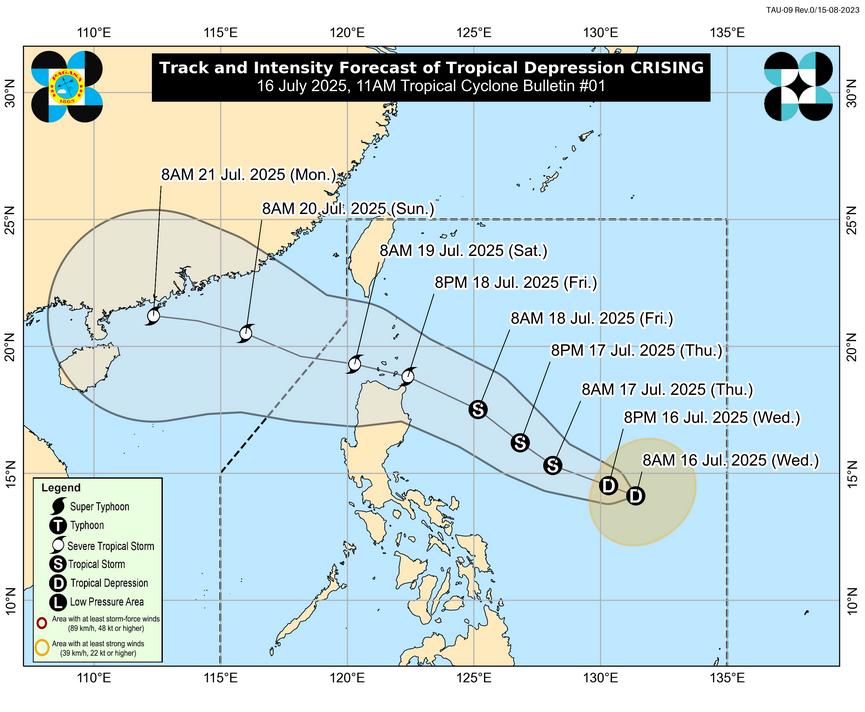 Dự báo của PAGASA trong bản tin trưa 16/7 (xin lưu ý là dự báo này mới đến ngày 21/7, chứ không phải ngày 21/7 là bão tan). Ảnh: PAGASA. pagasa-jul16-1100.jpg