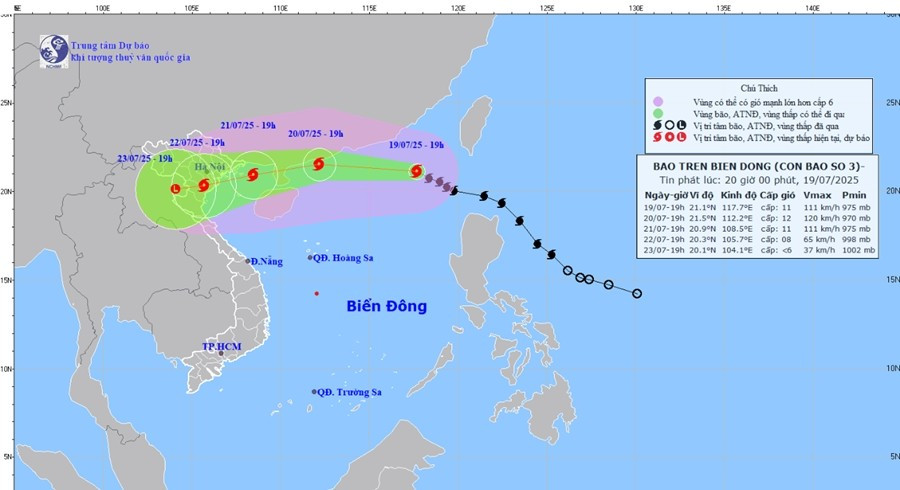 Dự báo của Trung tâm Dự báo Khí tượng Thủy văn Quốc gia nước ta lúc 20h ngày 19/7. Ảnh: KTTV. kttv-jul19-2000.jpg