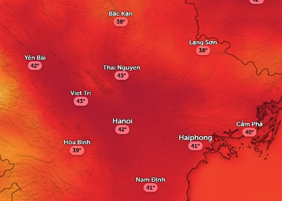 Nhiệt độ cảm nhận ở một số tỉnh thành miền Bắc chiều nay, 28/7. Ảnh: Zoom Earth, OpenStreetMap, ICON. temp-jul28-noon.jpg