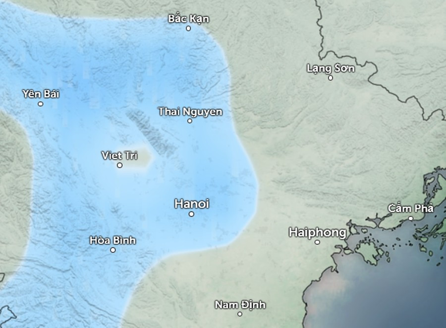 Dự báo mưa (những vùng màu xanh da trời) ở một số khu vực tại miền Bắc sáng 17/12 (thứ Tư tới), Hà Nội nếu mưa thì mưa nhỏ và ít. Ảnh: Zoom Earth, OpenStreetMap, GFS. rain-dec17-am.jpg