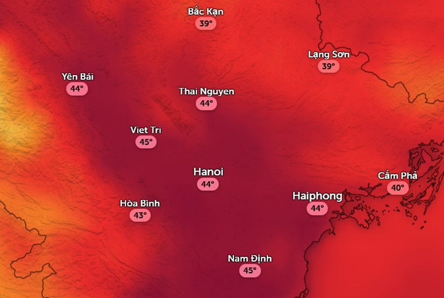 Dự báo nhiệt độ cảm nhận ở một số tỉnh thành miền Bắc vào trưa và chiều mai, 2/8: Nắng nóng trở lại. Ảnh: Zoom Earth, OpenStreetMap, ICON. temp-aug2-1400.jpg