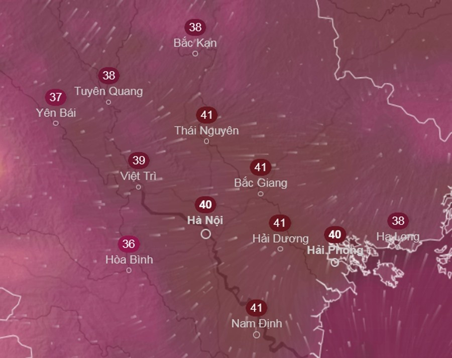 Dự báo nhiệt độ cảm nhận ở một số tỉnh thành miền Bắc vào trưa Chủ Nhật, 27/7. Nhiệt độ có thể còn tăng trong những ngày còn lại của tháng 7. Ảnh: Ventusky, ICON. temp-jul27-noon.jpg