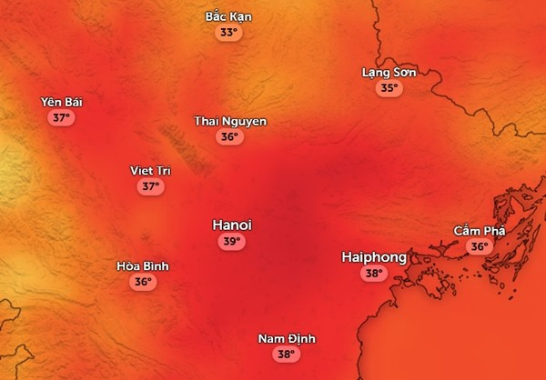 Nhiệt độ cảm nhận ở một số tỉnh thành miền Bắc vào trưa và chiều nay, 14/7. Ảnh: Zoom Earth, OpenStreetMap, ICON. temp-jul14-1200.jpg