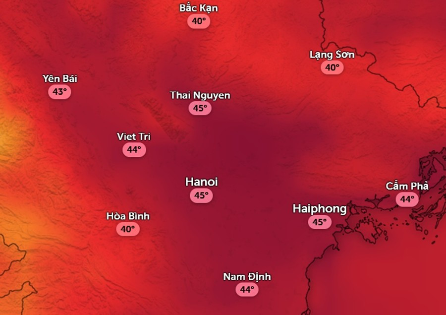 Dự báo nhiệt độ cảm nhận ở một số tỉnh thành miền Bắc vào trưa và chiều mai, 18/7. Ảnh: Zoom Earth, OpenStreetMap, ICON. temp-jul18-1400.jpg