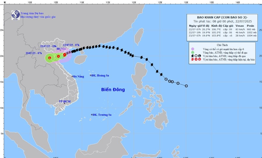 Dự báo của Trung tâm Dự báo Khí tượng Thủy văn Quốc gia nước ta về bão số 3 Wipha. Ảnh: NCHMF. nchmf.jpg