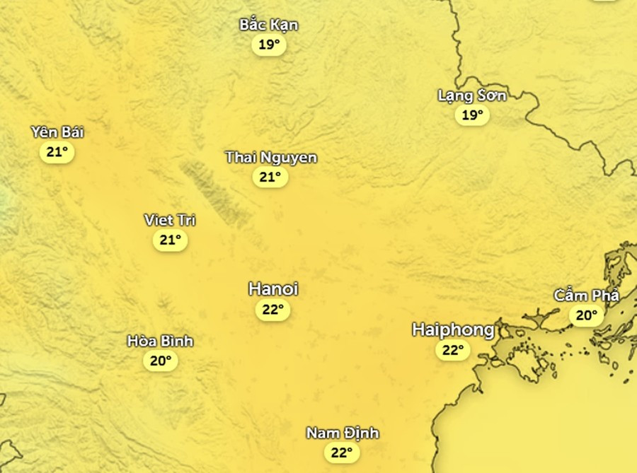 Nhiệt độ cảm nhận ở một số khu vực tại miền Bắc trưa và chiều nay, 15/12. Dự báo chiều mai tương tự hoặc tăng nhiệt nhẹ. Ảnh: Zoom Earth, OpenStreetMap, ICON. temp-dec15-1400.jpg