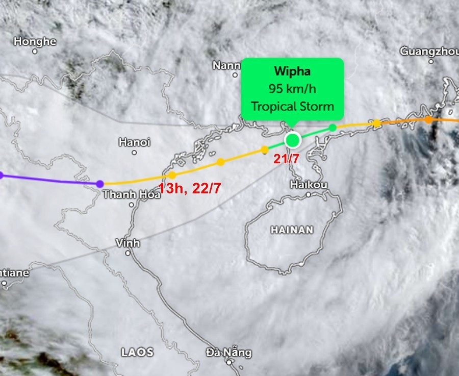 Dự báo đường đi của bão số 3 Wipha, theo JTWC lúc sáng 21/7. Ảnh: Zoom Earth, JMA/ NOAA/ CIRA, Himawari, JTWC. jtwc-jul21-0700.jpg