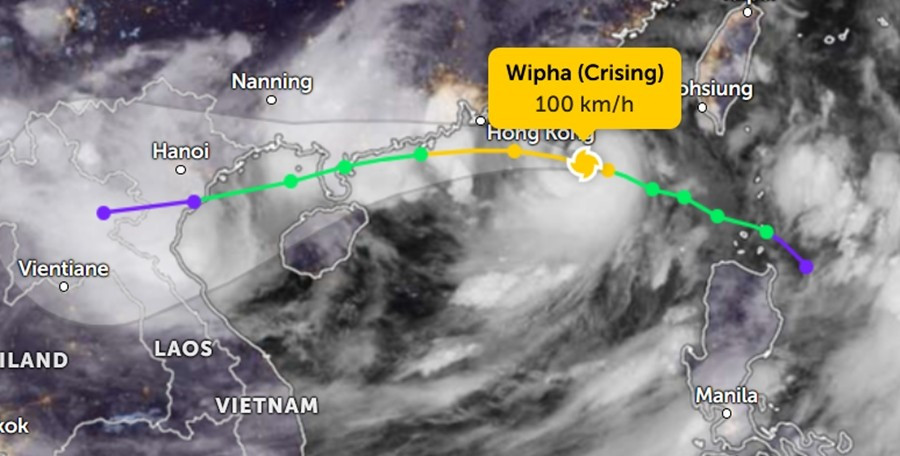 Vị trí và đường đi dự báo của bão số 3 Wipha, theo bản tin lúc 21h ngày 19/7 của JTWC. Ảnh: Zoom Earth, JMA/ NOAA/ CIRA, JTWC. jtwc-jul19-2100.jpg