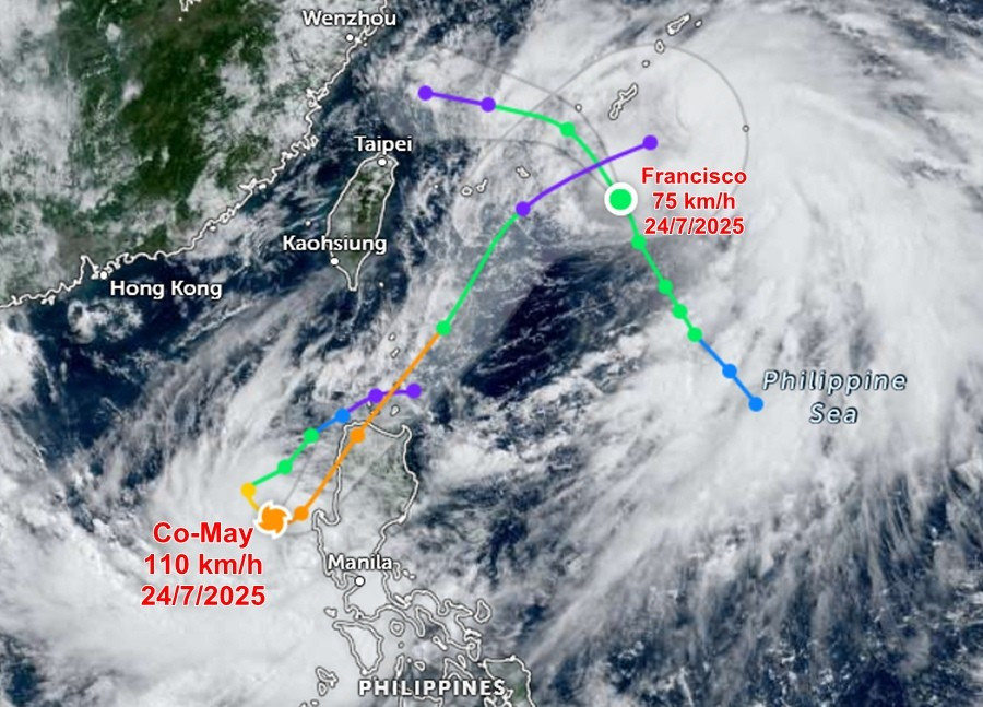 Vị trí lúc sáng nay, 24/7, và đường đi dự báo của bão Cỏ May và bão Francisco. Ảnh: Zoom Earth, JMA/ NOAA/ CIRA, Himawari, JTWC. comayfrancisco.jpg