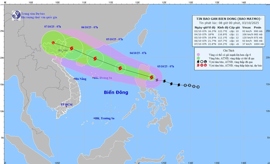 Dự báo bão Matmo của Trung tâm Dự báo Khí tượng Thủy văn Quốc gia. Ảnh: NCHMF. nchmf-oct3-0800.jpg