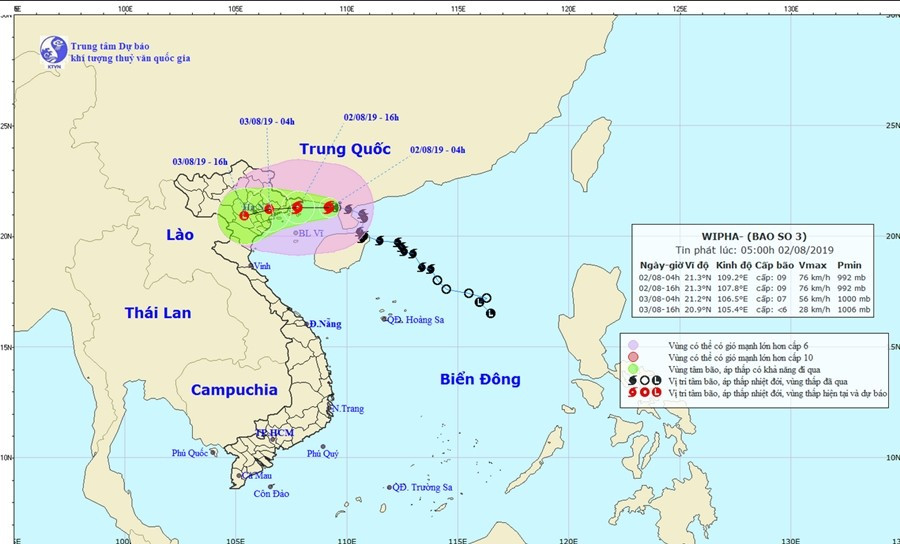 Đường đi của bão số 3 năm 2019, cũng tên là bão Wipha, theo một bản tin dự báo của Trung tâm Dự báo Khí tượng Thủy văn Quốc gia nước ta hồi đó. Ảnh: NCHMF. wipha2019nchmf.jpg
