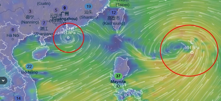 GFS dự báo có một ATNĐ trên Biển Đông và một cơn bão ở phía Tây Bắc Philippines vào khoảng đêm 20/7, rạng sáng 21/7. Ảnh: Ventusky, GFS. gfs-jul21-0100.jpg