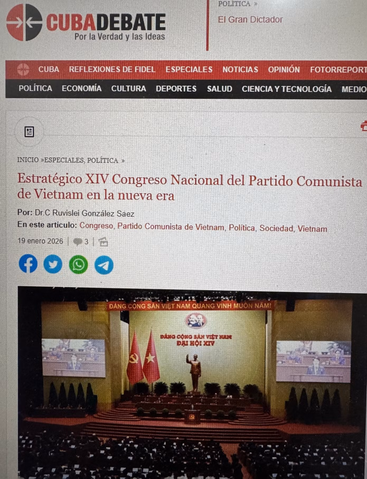 Báo Cubadebate đưa tin về Đại hội XIV của Đảng Cộng sản Việt Nam. (Ảnh chụp màn hình: Việt Hùng/TTXVN)