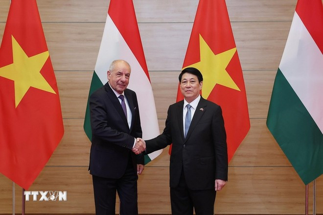 Chủ tịch nước Lương Cường và Tổng thống Hungary Sulyok Tamas tại Hà Nội tháng 5/2025. (Ảnh: Lâm Khánh/TTXVN).