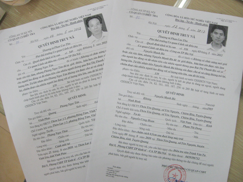 Lệnh truy nã hai đối tượng lừa đảo Hà và Tân