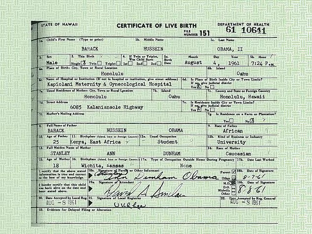 Giấy khai sinh của Tổng thống Mỹ Obama