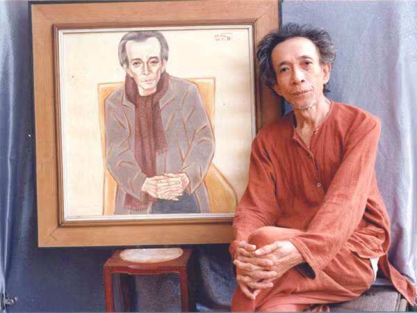 Nhà văn Kim Lân lúc sinh thời và bức chân dung do họa sĩ Nguyễn Thị Hiền thể hiện. Ảnh họa sĩ cung cấp