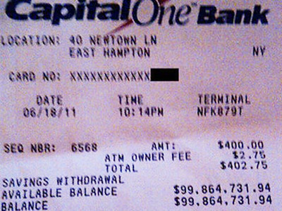 Biên lai ATM có số dư khổng lồ